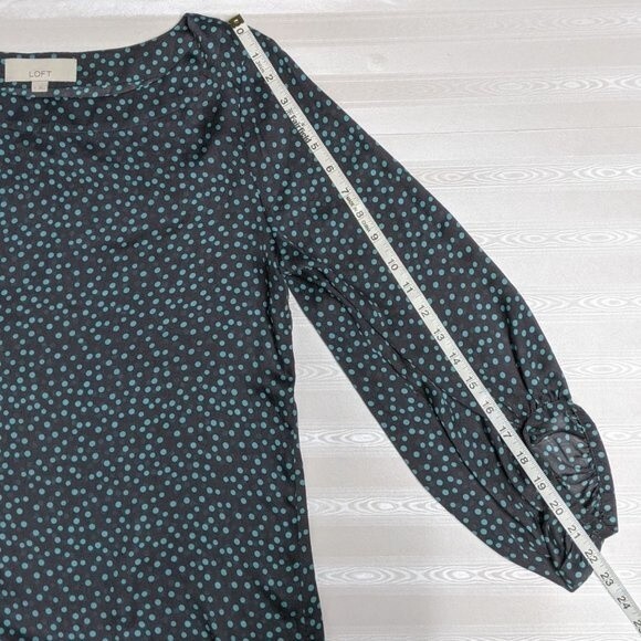 LOFT Shear Long Sleeve Blouse Gray Blue Spots Boat Neck Top M - Picture 9 of 10
